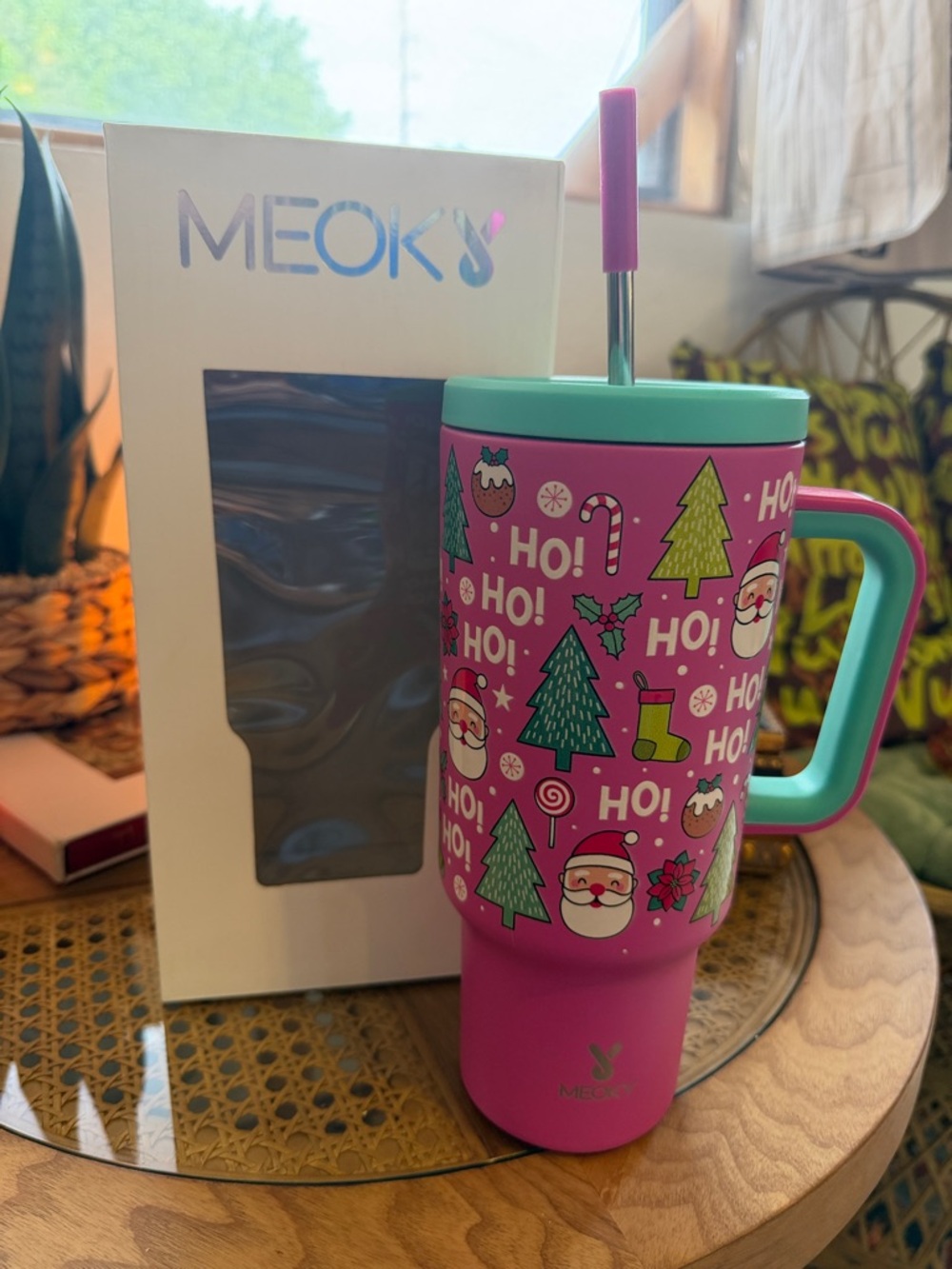 Pink Christmas Travel Mug with Mint Handle and Lid